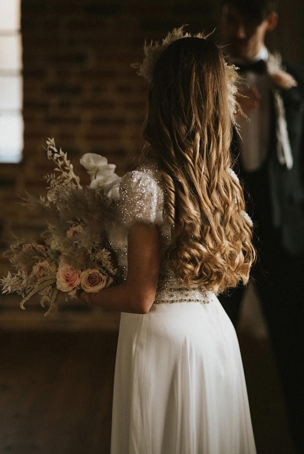 A Line Short Sleeves V Neck Wedding Dresses - KissProm