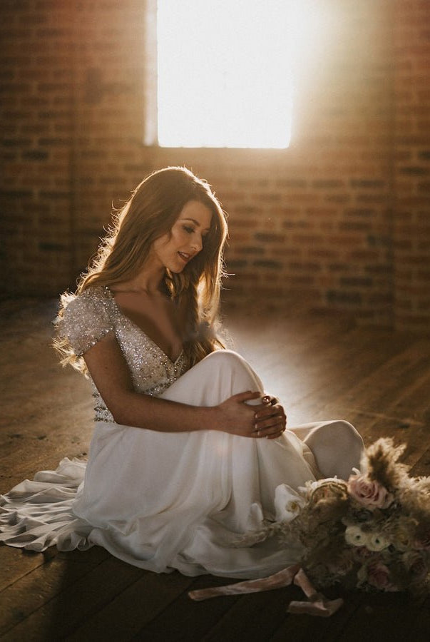 A Line Short Sleeves V Neck Wedding Dresses - KissProm