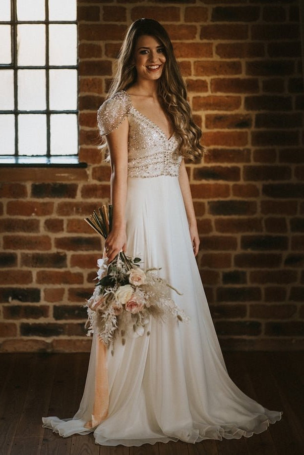 A Line Short Sleeves V Neck Wedding Dresses - KissProm