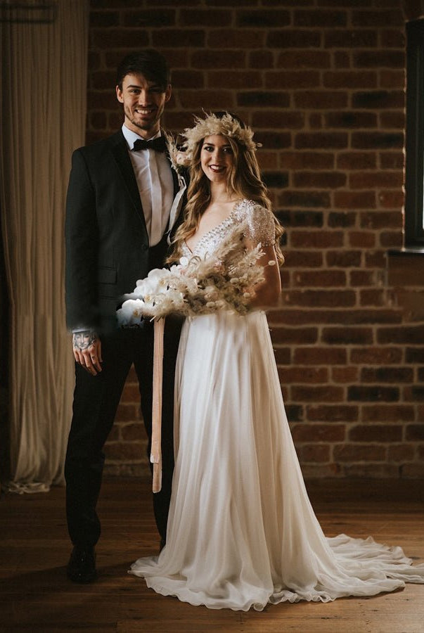 A Line Short Sleeves V Neck Wedding Dresses - KissProm