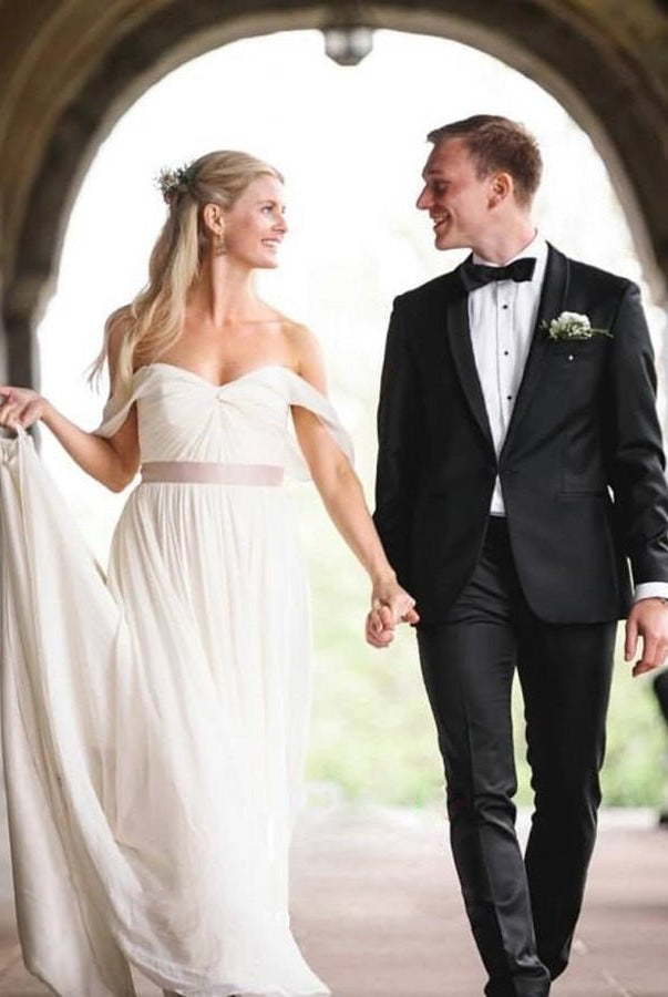 A Line Simple Chiffon Wedding Dresses Pleated Boho Bridal Dress - KissProm