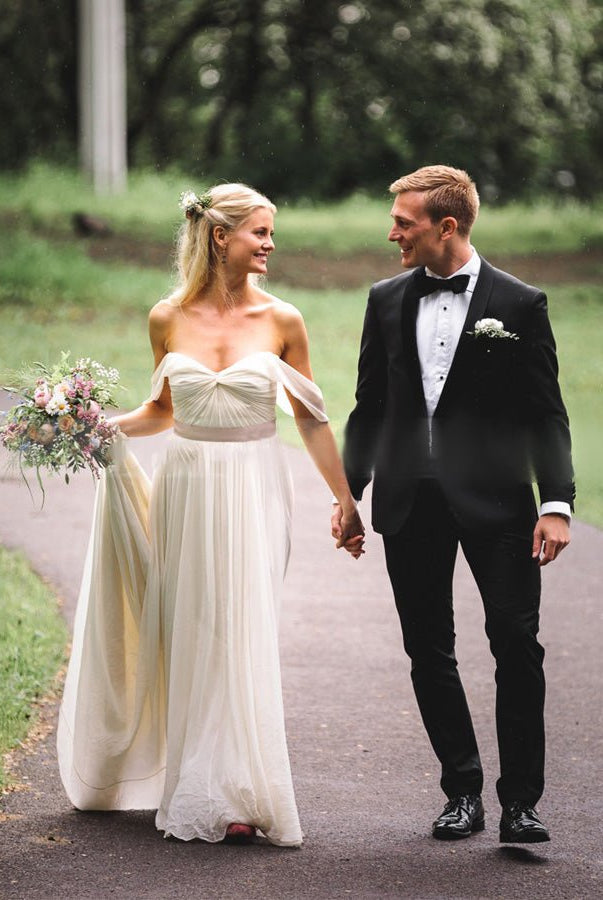 A Line Simple Chiffon Wedding Dresses Pleated Boho Bridal Dress - KissProm