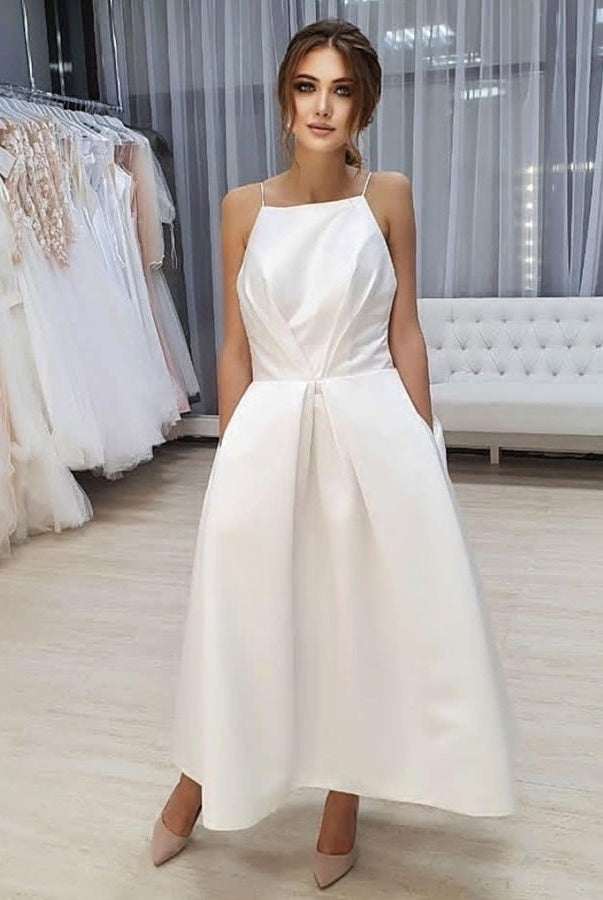Simple Open Back Tea Length A - Line Sleeveless Spaghetti - Straps Wedding Dress with Pockets - KissProm