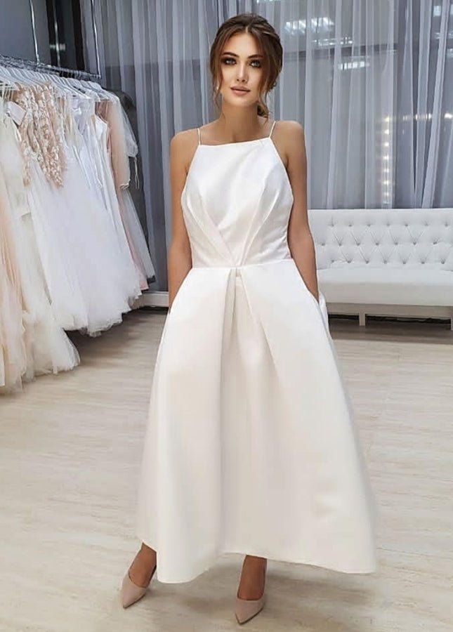 Simple Open Back Tea Length A - Line Sleeveless Spaghetti - Straps Wedding Dress with Pockets - KissProm