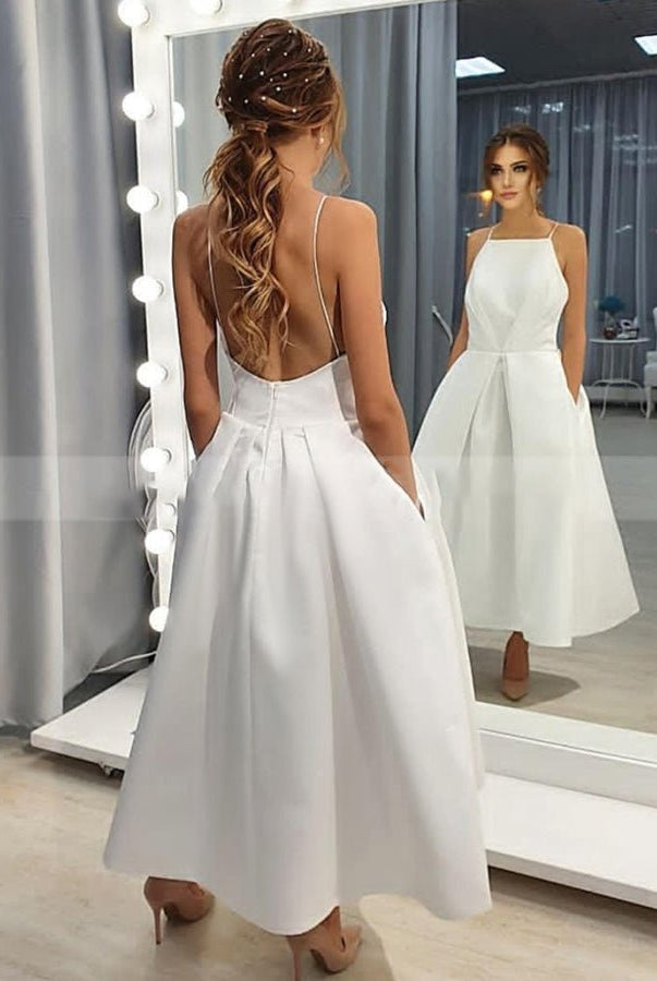 Simple Open Back Tea Length A - Line Sleeveless Spaghetti - Straps Wedding Dress with Pockets - KissProm