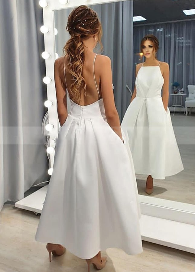 Simple Open Back Tea Length A - Line Sleeveless Spaghetti - Straps Wedding Dress with Pockets - KissProm
