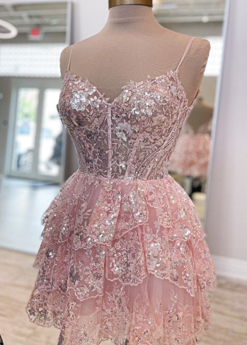 Reana | A- Line Sky Blue Sequins Multi-Layers Short Homecoming Dress