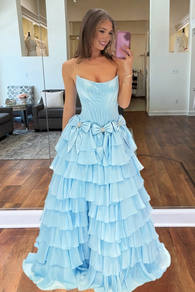 Felice | Sky Blue - Scoop Neck A Line Chiffon Tiered Prom Dresses With Bowknot - KissProm