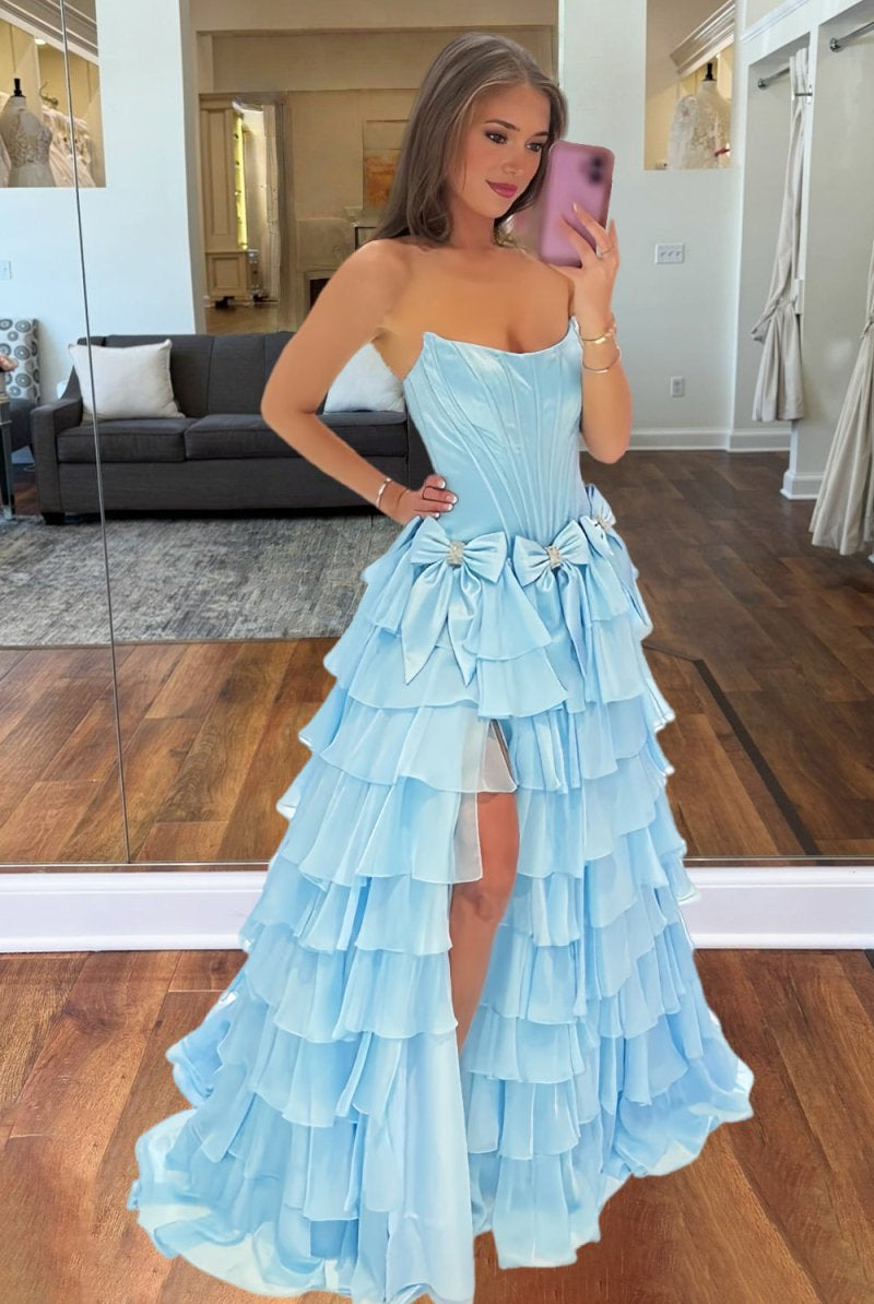 Felice | Sky Blue - Scoop Neck A Line Chiffon Tiered Prom Dresses With Bowknot - KissProm