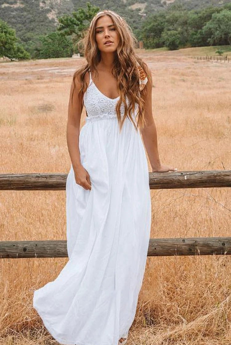 A Line Spaghetti Chiffon Lace Floor-length Sleeveless Wedding Dress