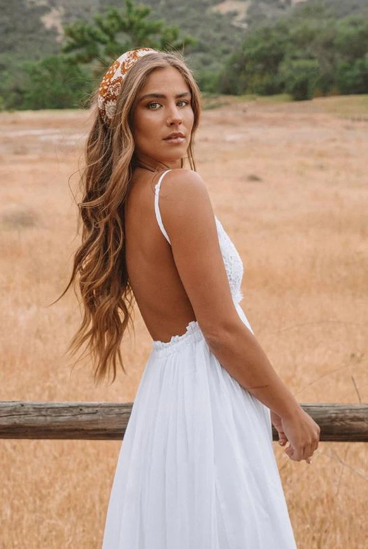 A Line Spaghetti Chiffon Lace Floor-length Sleeveless Wedding Dress