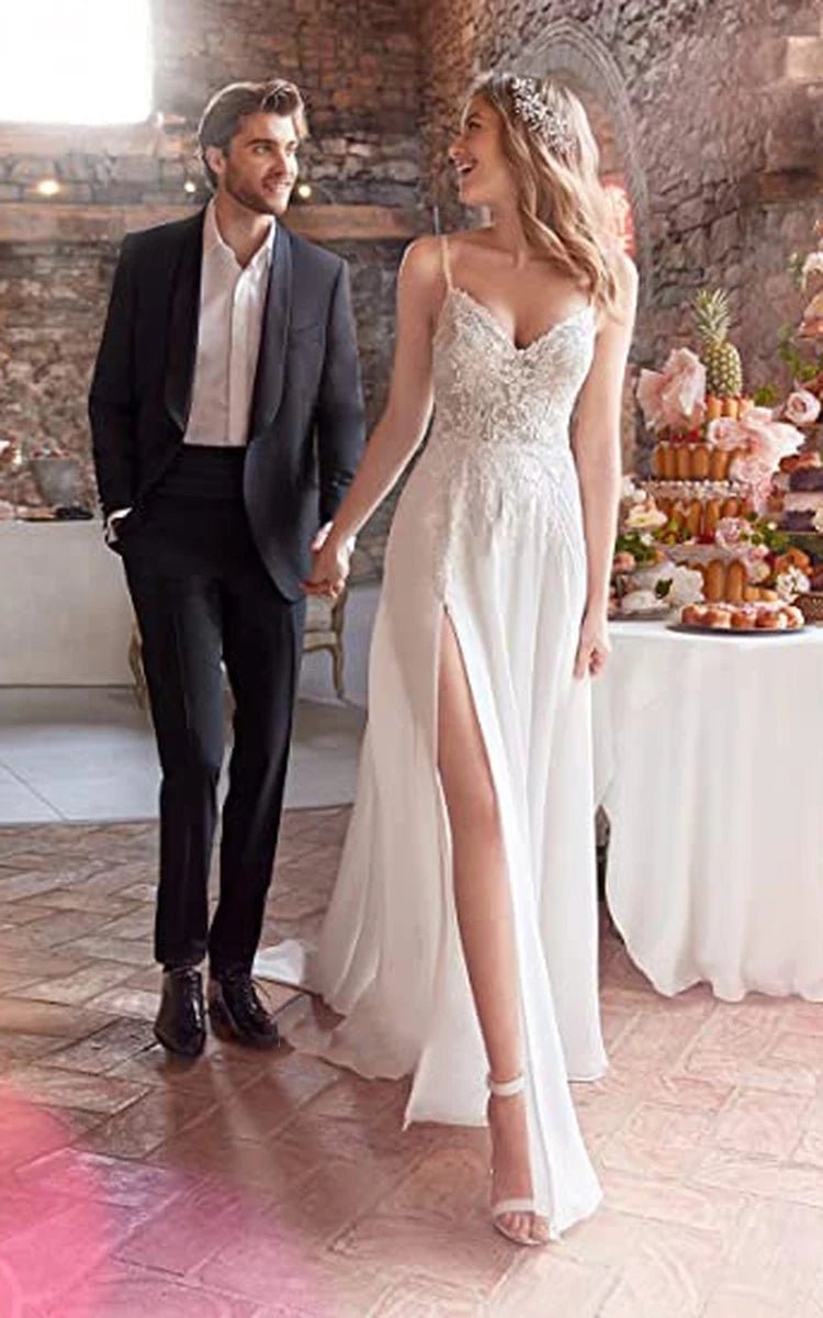 A-Line Spaghetti Chiffon Wedding Dress Simple Bohemian Elegant Summer Beach Garden With Open Back And Sleevesless And Split Front