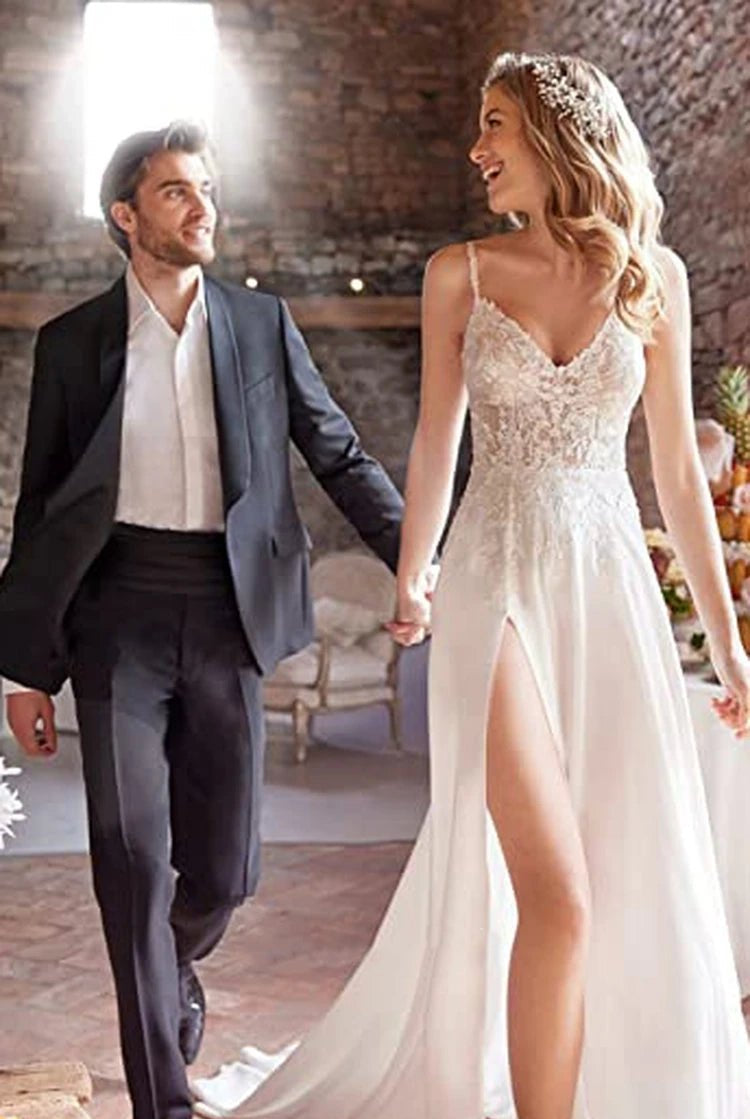 A-Line Spaghetti Chiffon Wedding Dress Simple Bohemian Elegant Summer Beach Garden With Open Back And Sleevesless And Split Front