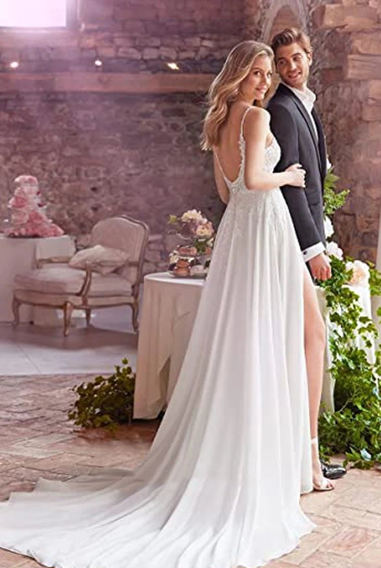 A-Line Spaghetti Chiffon Wedding Dress Simple Bohemian Elegant Summer Beach Garden With Open Back And Sleevesless And Split Front