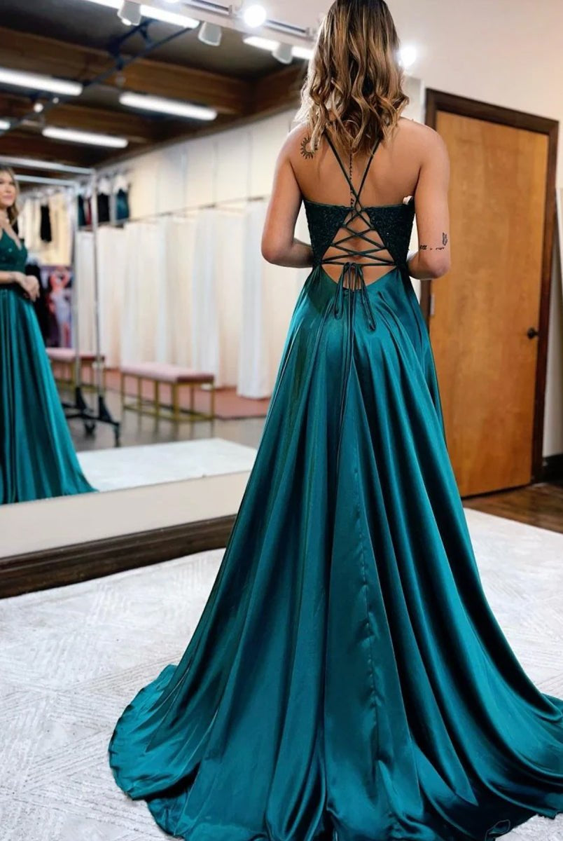 A-line Spaghetti Straps Corset Back Prom Dress With Split