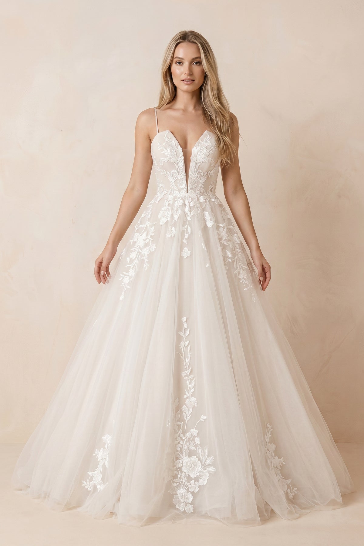 KissProm A Line Spaghetti Straps Deep V Neck White Lace Appliques Wedding Dress, Diamond White / 8