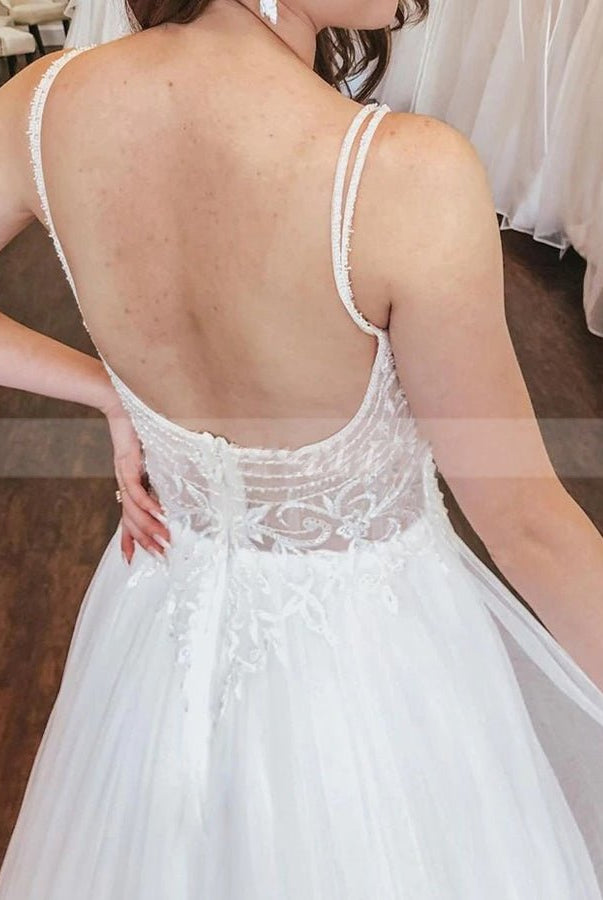 A-line Open Back Spaghetti Straps Sleeveless Lace Tulle Wedding Dress