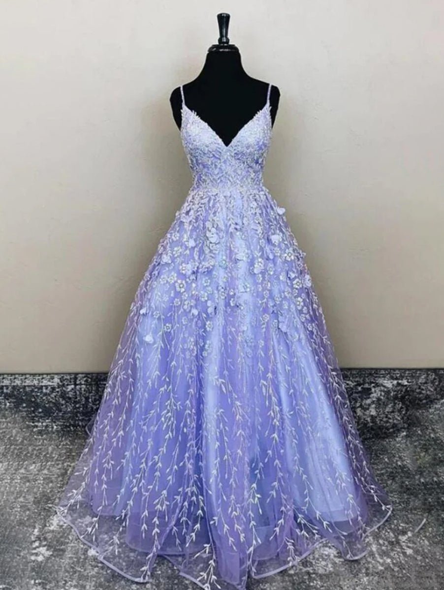 A Line Spaghetti Straps Lilac Corset Prom Dress with Appliques