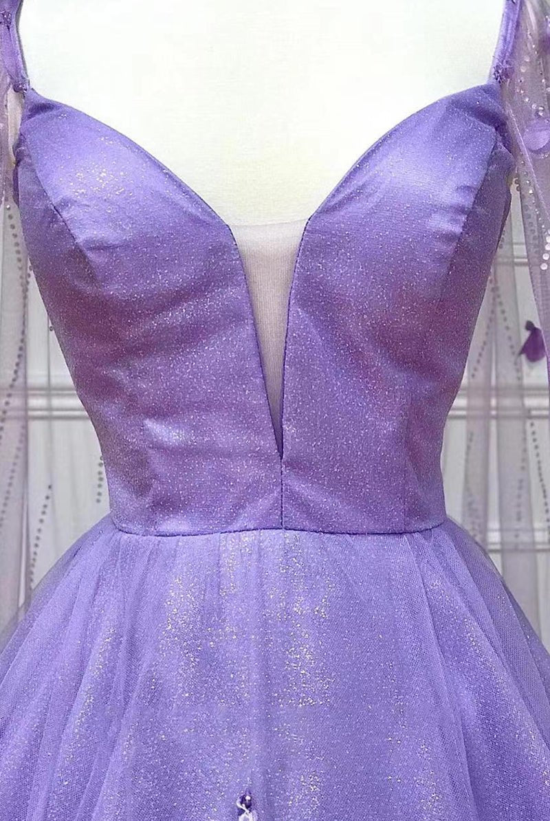 Lavender 3D Floral Lace A-Line Prom Dress with Cape Sleeves