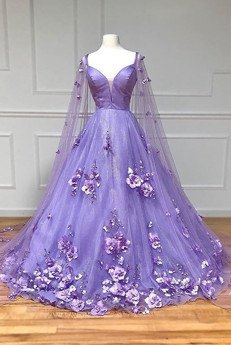 Lavender 3D Floral Lace A-Line Prom Dress with Cape Sleeves