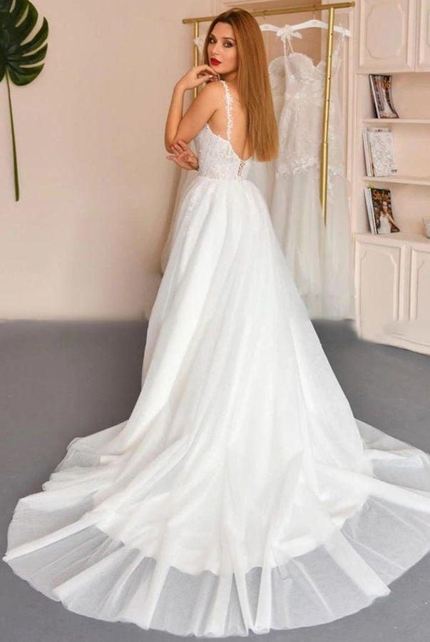 A-line Spaghetti Straps Sleeveless White Appliques Tulle Pearls Wedding Bridal Dress