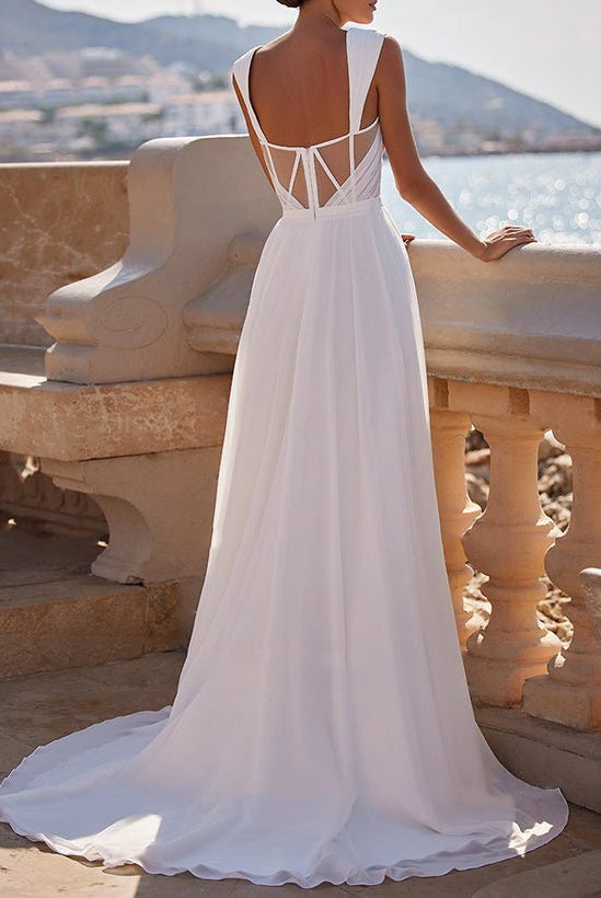 A-Line Square Neckline Sleeveless Chiffon Wedding Dresses With High Split