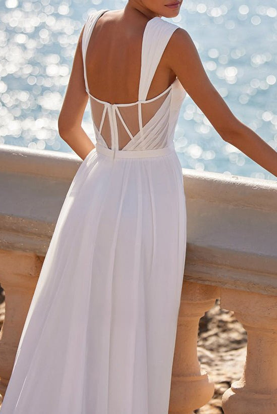 A-Line Square Neckline Sleeveless Chiffon Wedding Dresses With High Split