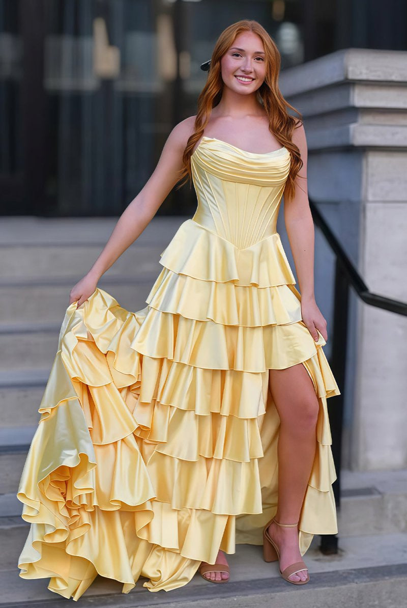 Loreth | Yellow - Strapless A Line Satin Ruffled Long Prom Dresses With Slit - KissProm