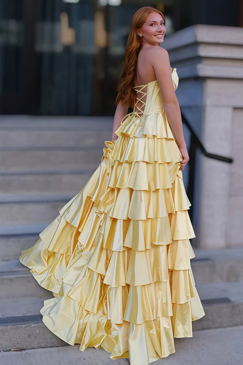 Loreth | Yellow - Strapless A Line Satin Ruffled Long Prom Dresses With Slit - KissProm