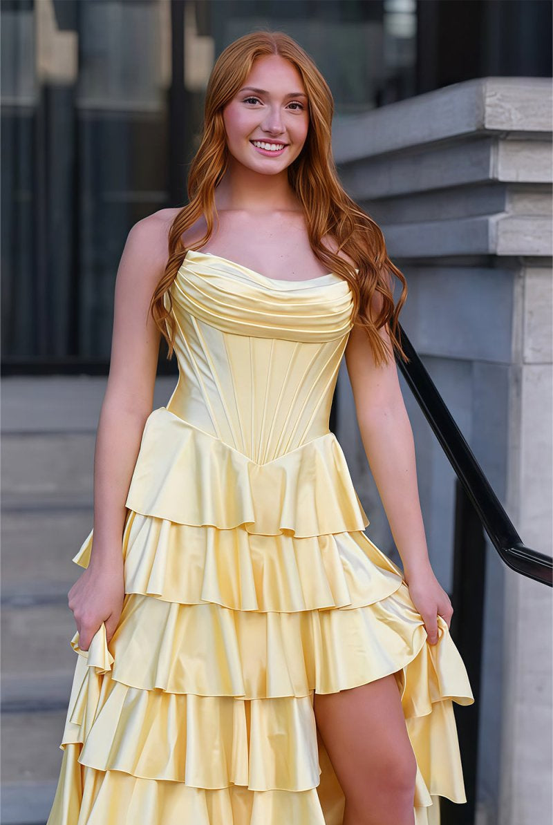 Loreth | Yellow - Strapless A Line Satin Ruffled Long Prom Dresses With Slit - KissProm