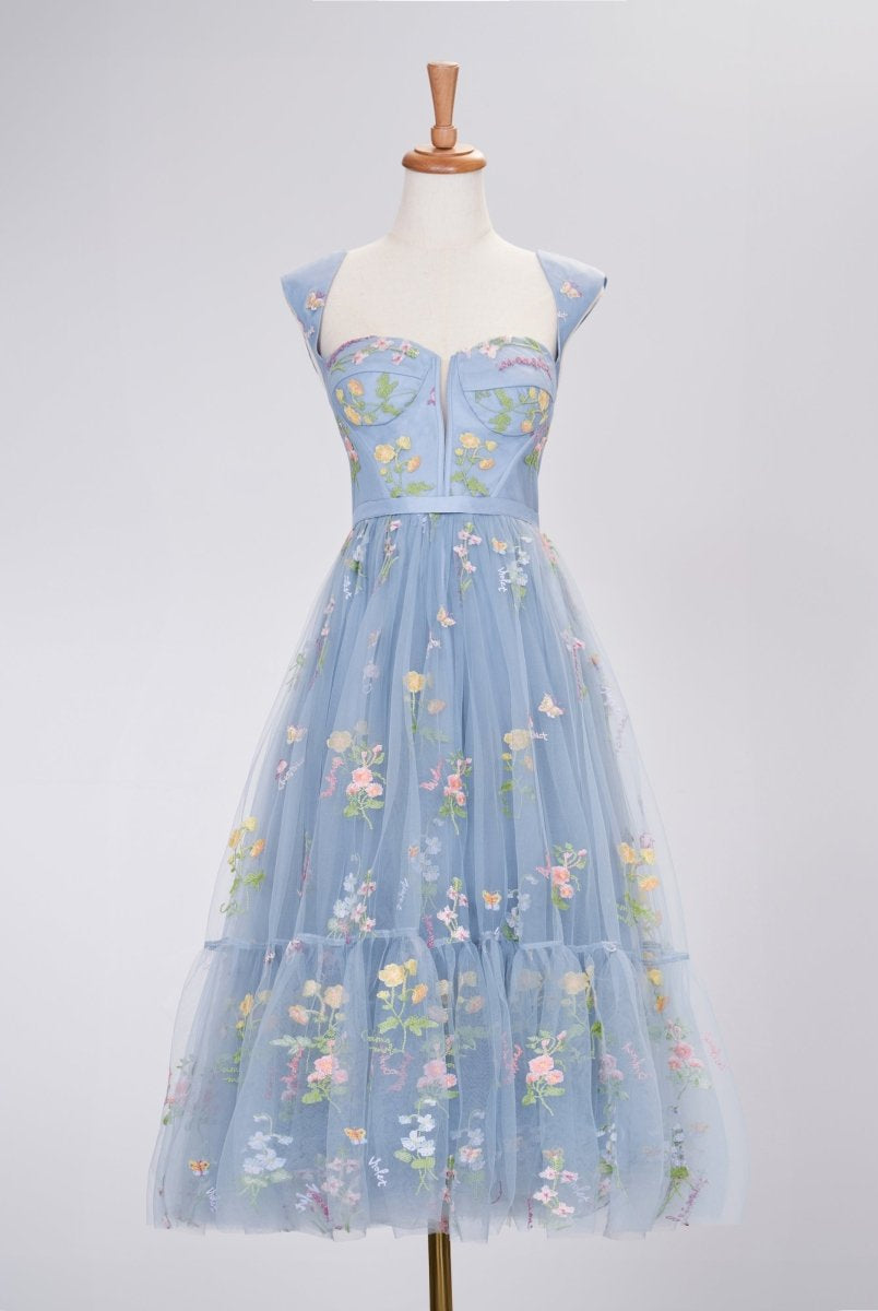 A Line Sweetheart Dusty Blue Long Prom Dress with Embroidery