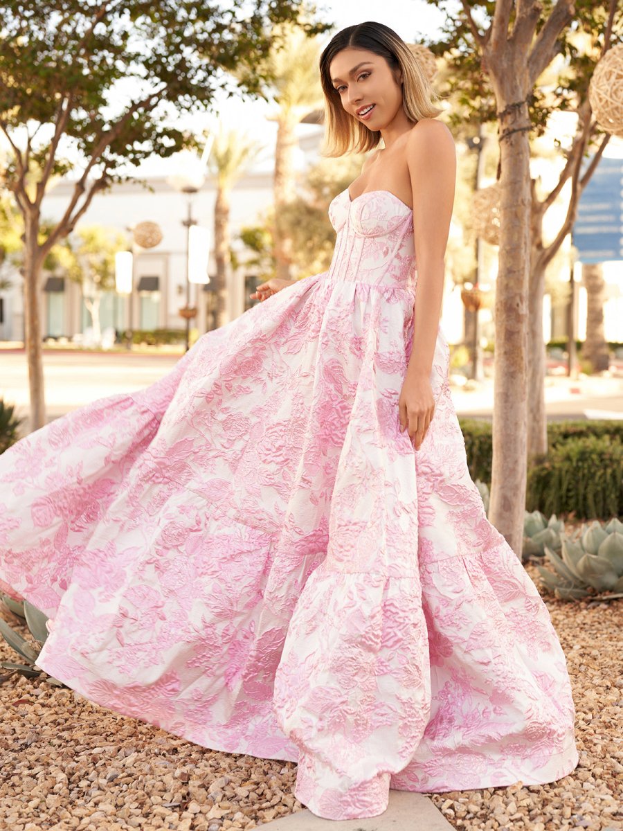 KissProm-Delice Pink A-Line Sweetheart Floral Printed Long Prom Dresses
