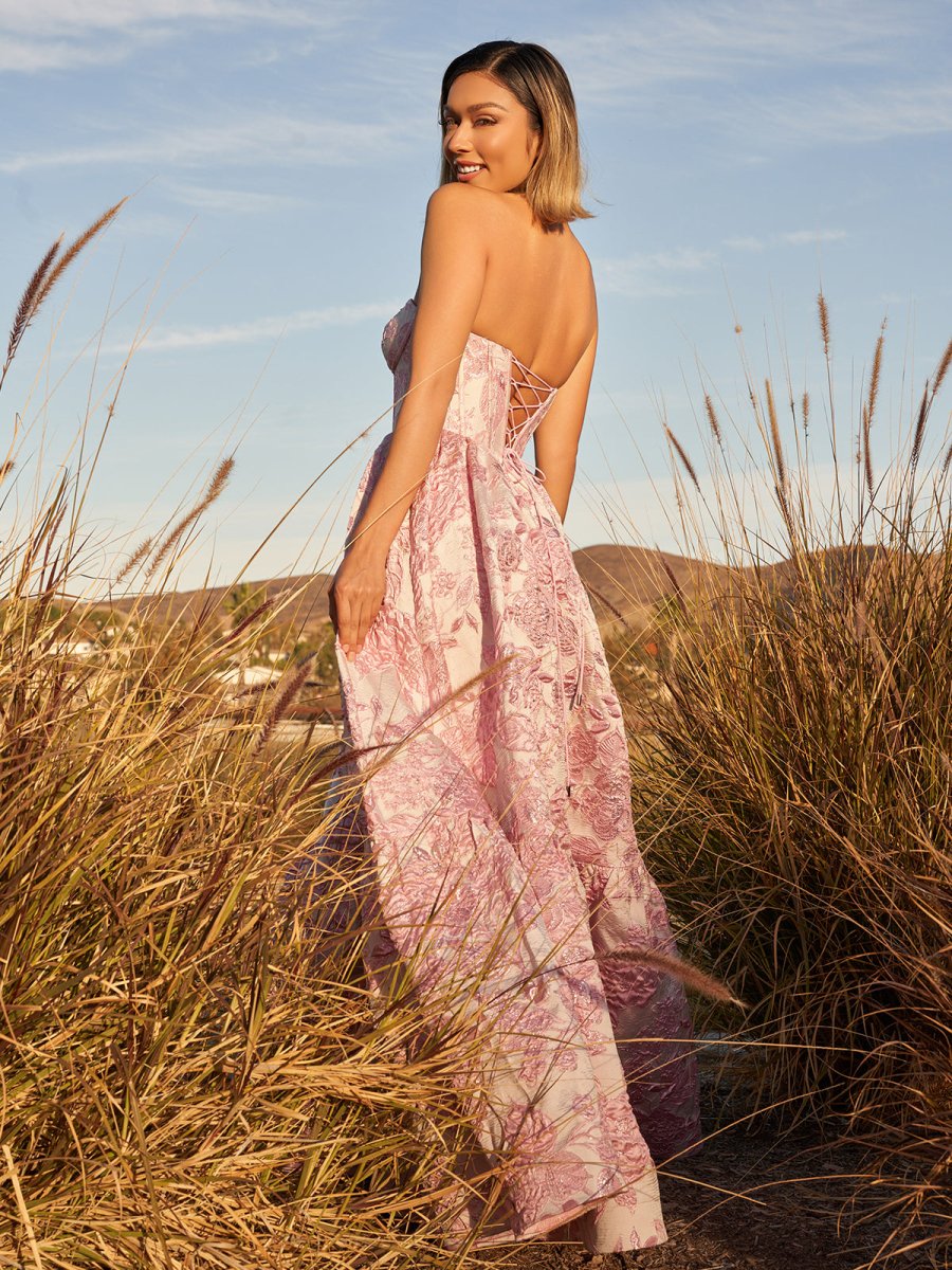 KissProm-Delice Pink A-Line Sweetheart Floral Printed Long Prom Dresses