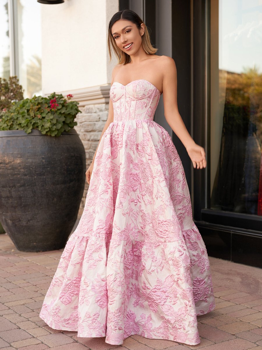 KissProm-Delice Pink A-Line Sweetheart Floral Printed Long Prom Dresses