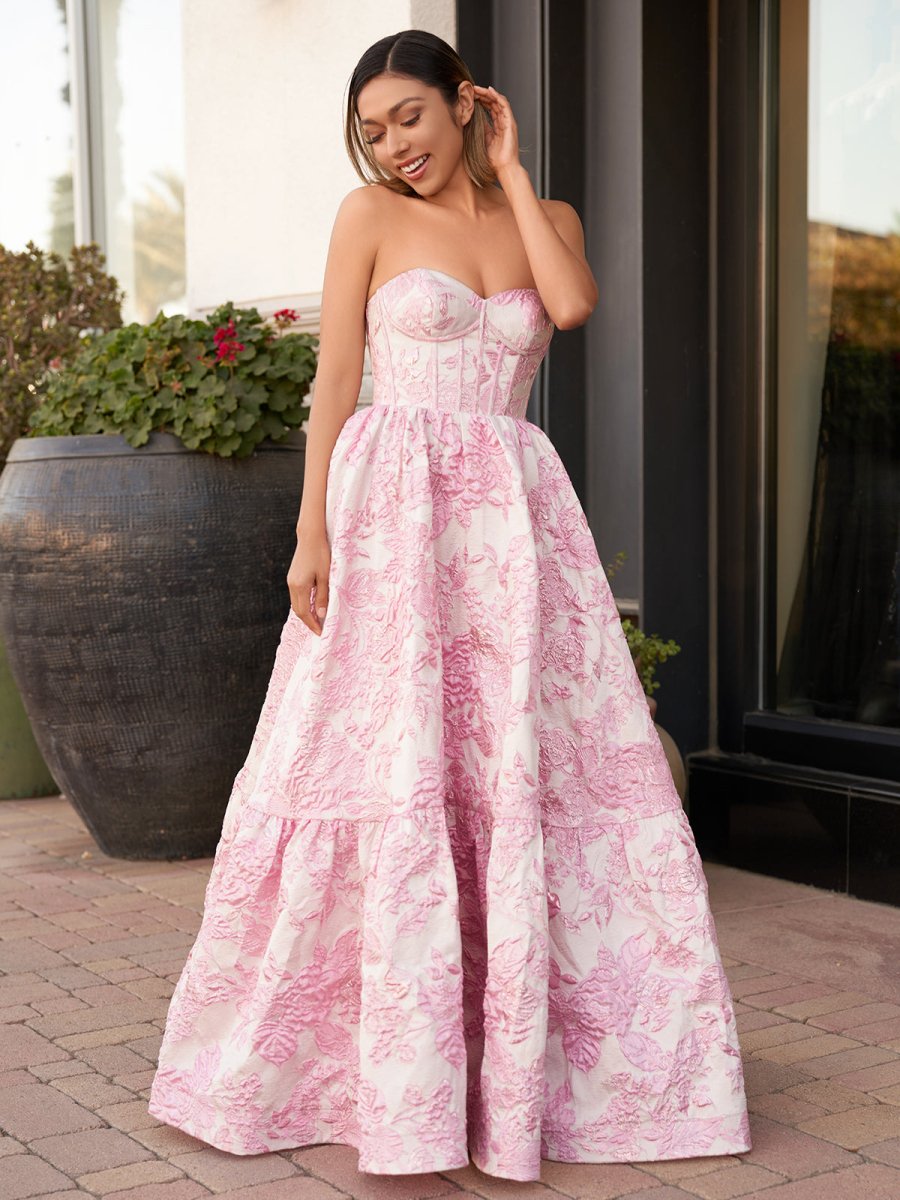 KissProm-Delice Pink A-Line Sweetheart Floral Printed Long Prom Dresses