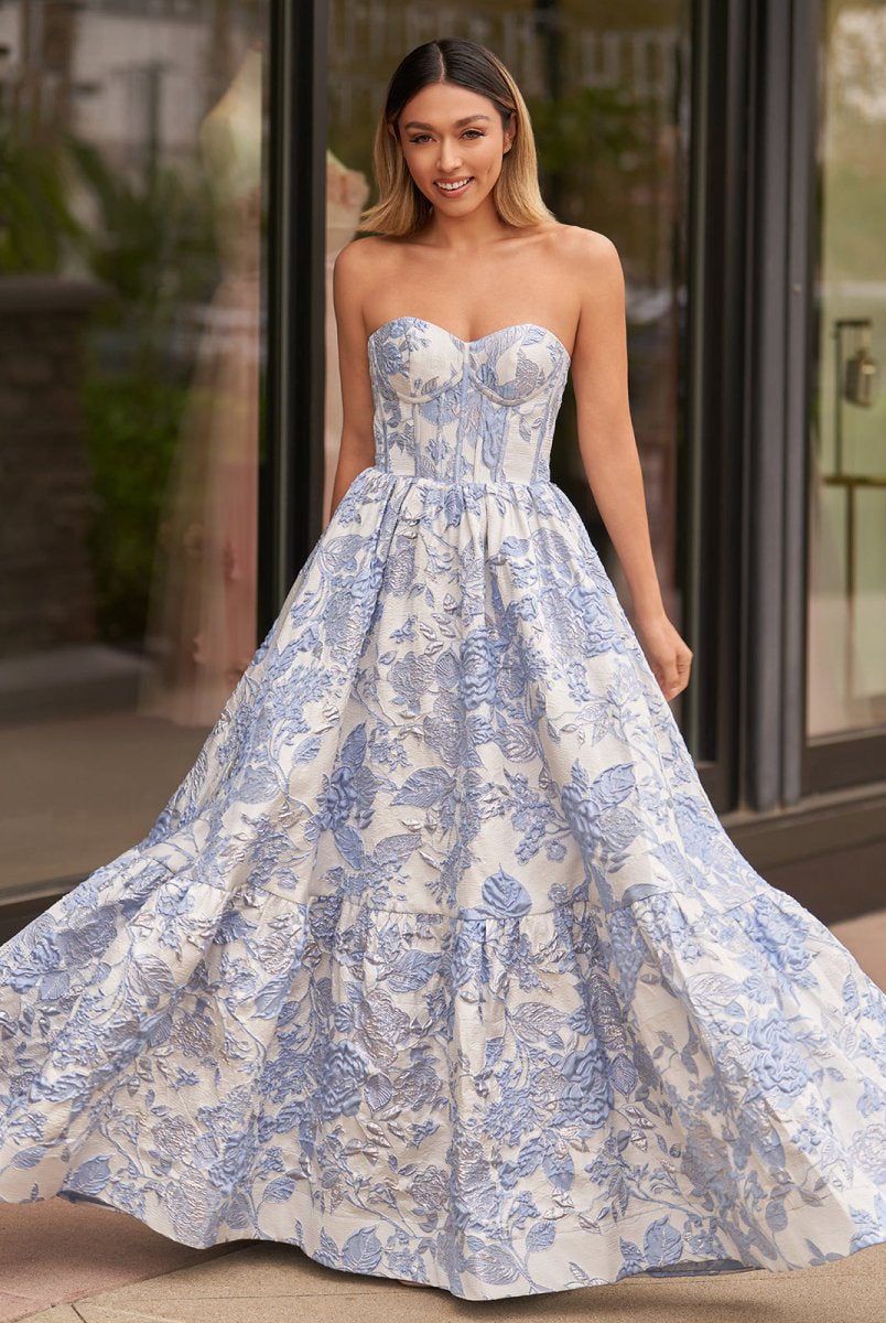 KissProm-Delice Blue A-Line Sweetheart Floral Printed Long Prom Dresses