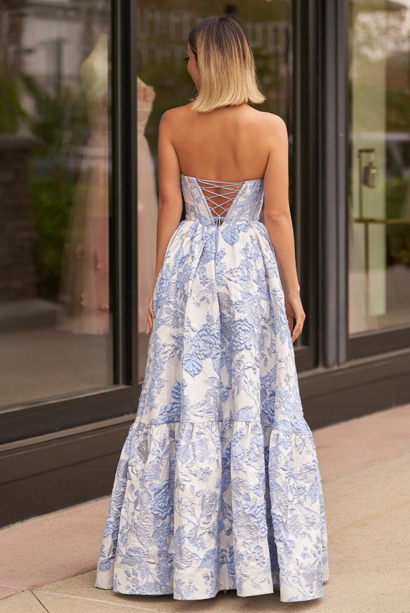 KissProm-Delice Blue A-Line Sweetheart Floral Printed Long Prom Dresses