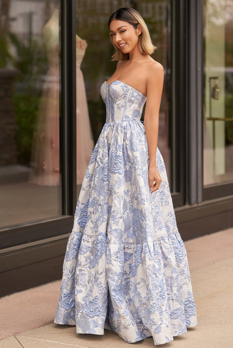 KissProm-Delice Blue A-Line Sweetheart Floral Printed Long Prom Dresses