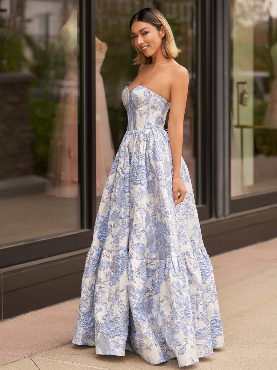 KissProm-Delice Blue A-Line Sweetheart Floral Printed Long Prom Dresses