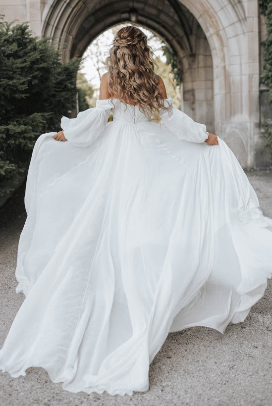 Aisling | A-Line Sweetheart Long Sleeves Chiffon Sweep Train Wedding Dress