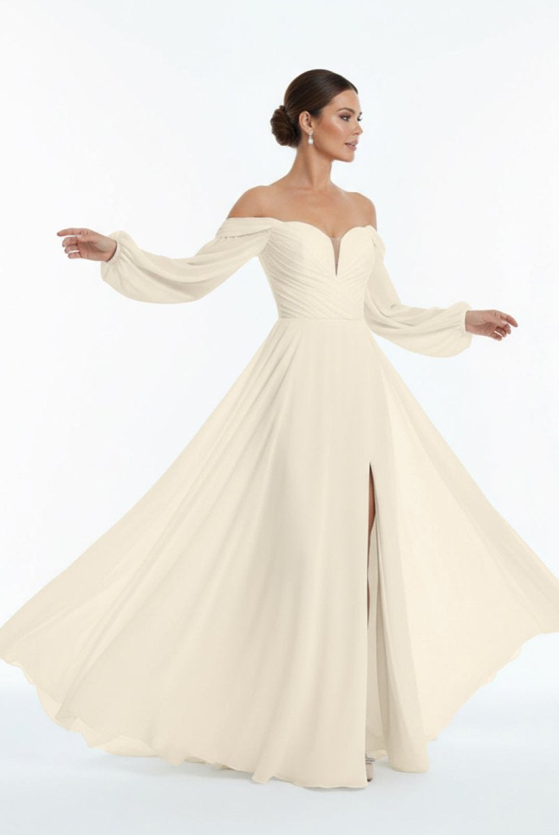 Aisling | A - Line Sweetheart Long Sleeves Chiffon Sweep Train Wedding Dress - KissProm