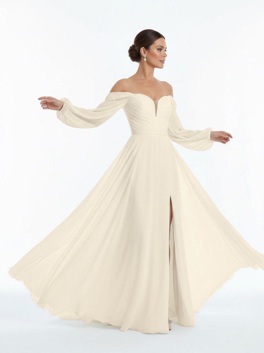 Aisling | A - Line Sweetheart Long Sleeves Chiffon Sweep Train Wedding Dress - KissProm