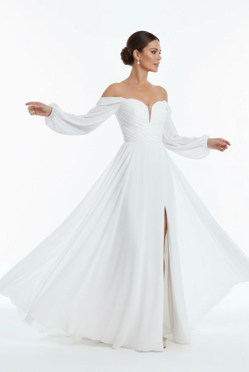 Aisling | A - Line Sweetheart Long Sleeves Chiffon Sweep Train Wedding Dress - KissProm