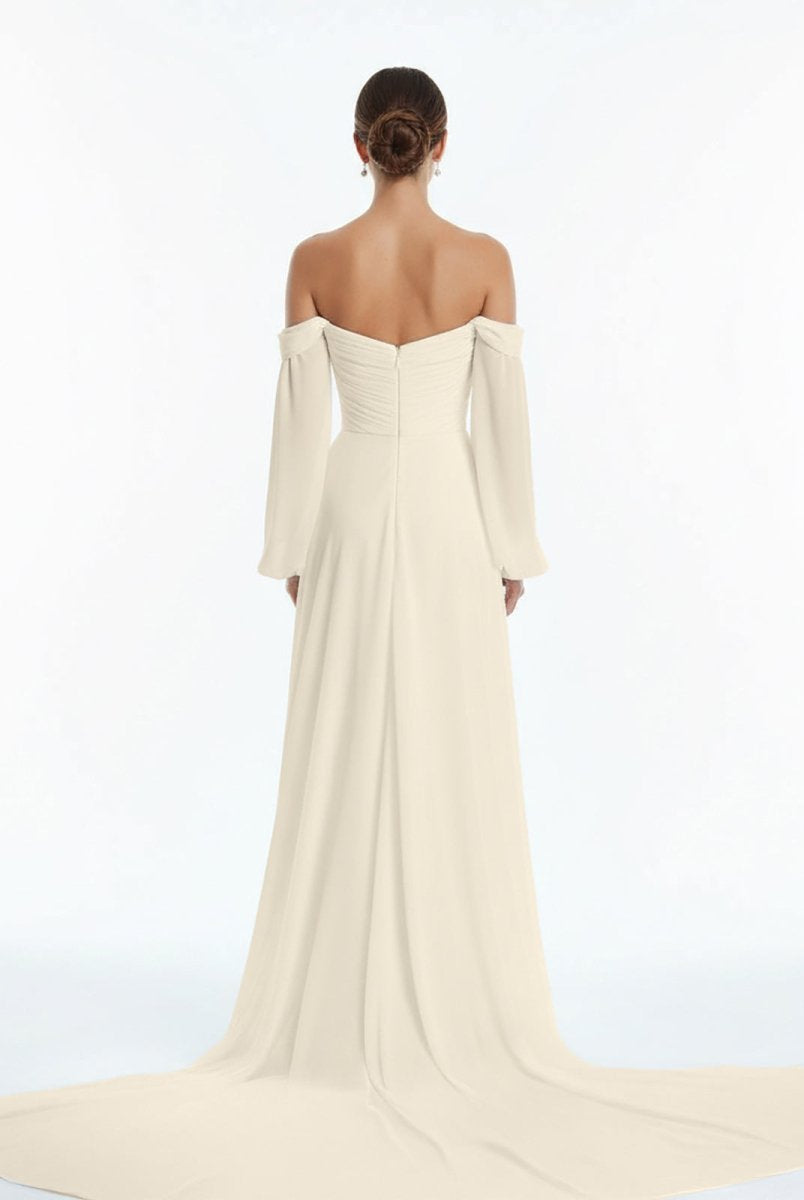 Aisling | A - Line Sweetheart Long Sleeves Chiffon Sweep Train Wedding Dress - KissProm