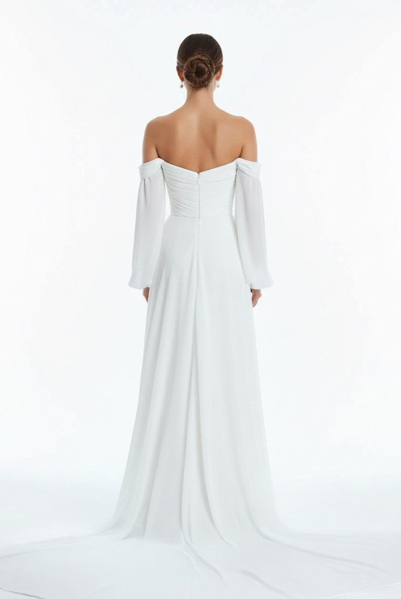 Aisling | A - Line Sweetheart Long Sleeves Chiffon Sweep Train Wedding Dress - KissProm