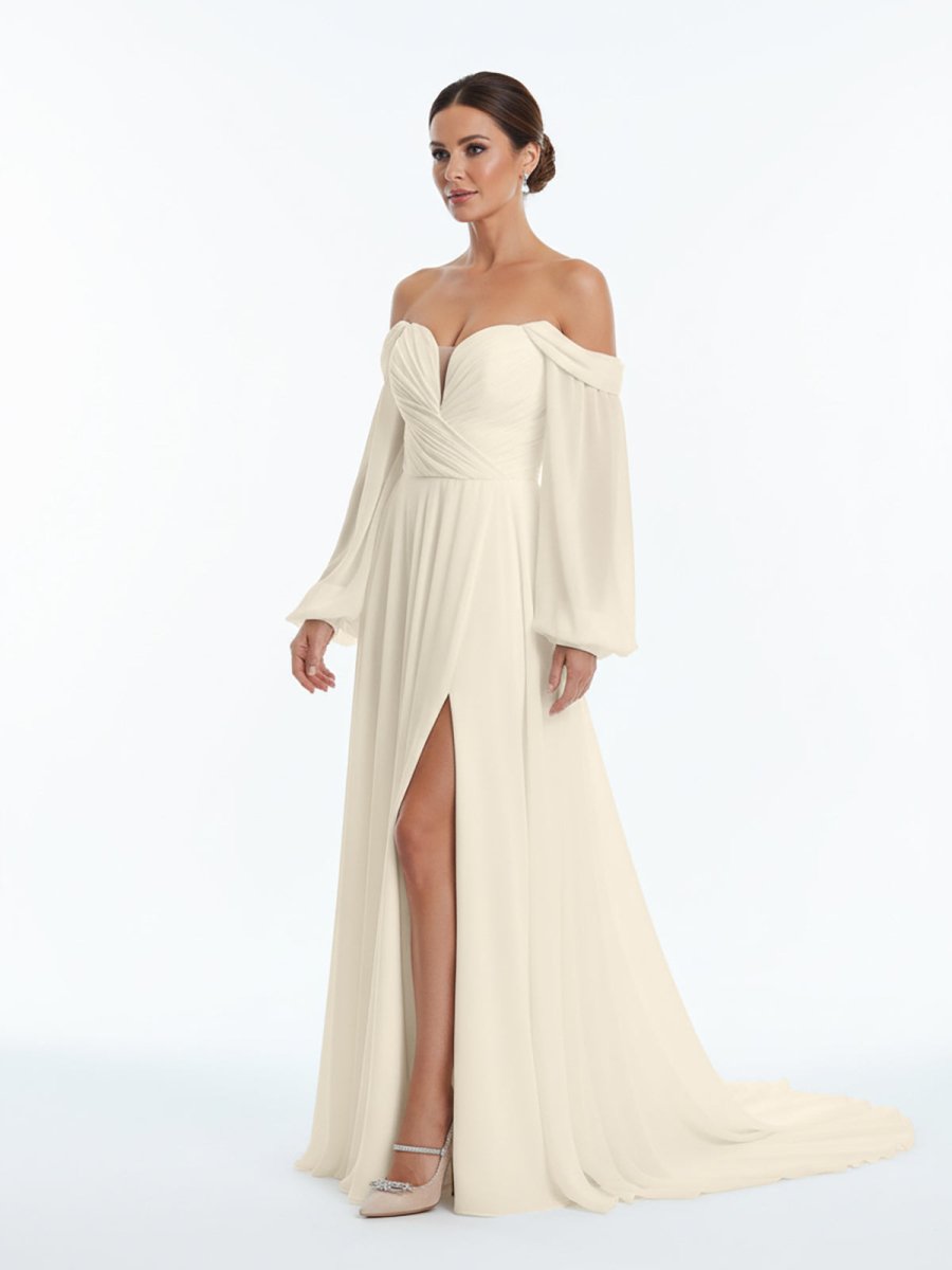 Aisling | A - Line Sweetheart Long Sleeves Chiffon Sweep Train Wedding Dress - KissProm