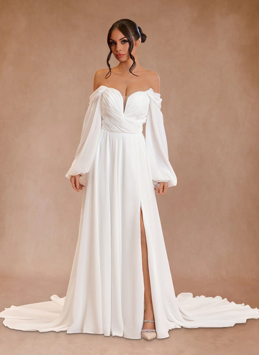 Aisling | A-Line Sweetheart Long Sleeves Chiffon Sweep Train Wedding Dress