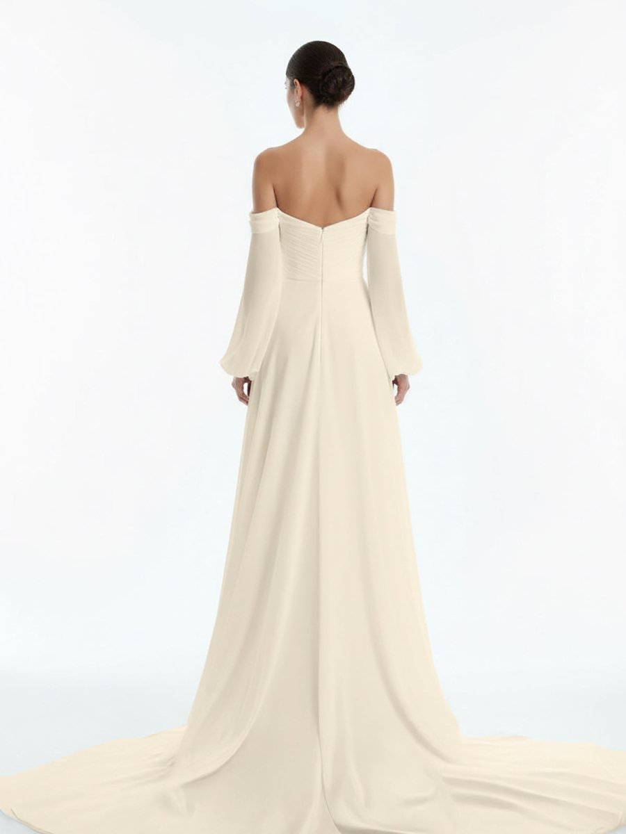Aisling | A - Line Sweetheart Long Sleeves Chiffon Sweep Train Wedding Dress - KissProm