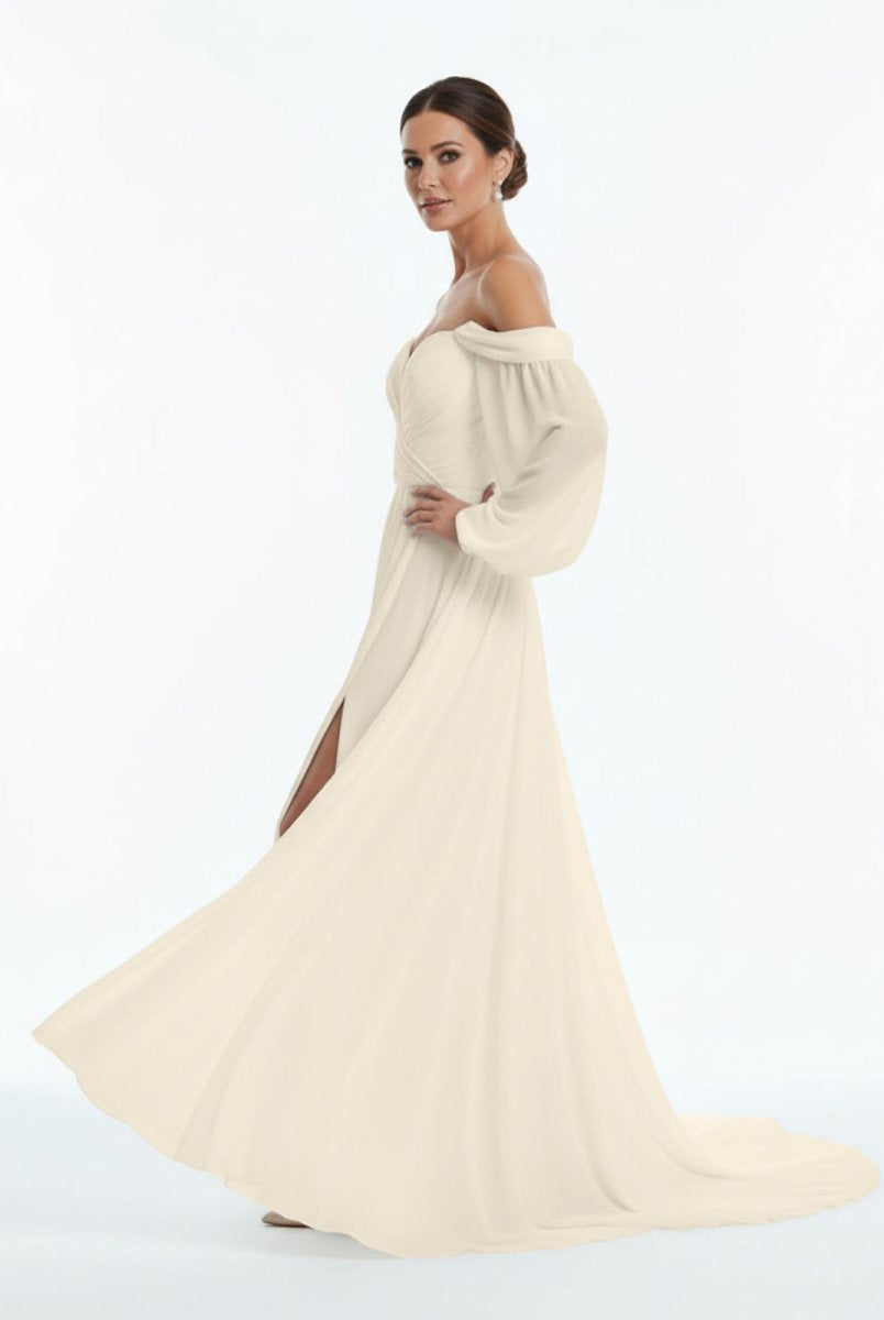 Aisling | A - Line Sweetheart Long Sleeves Chiffon Sweep Train Wedding Dress - KissProm