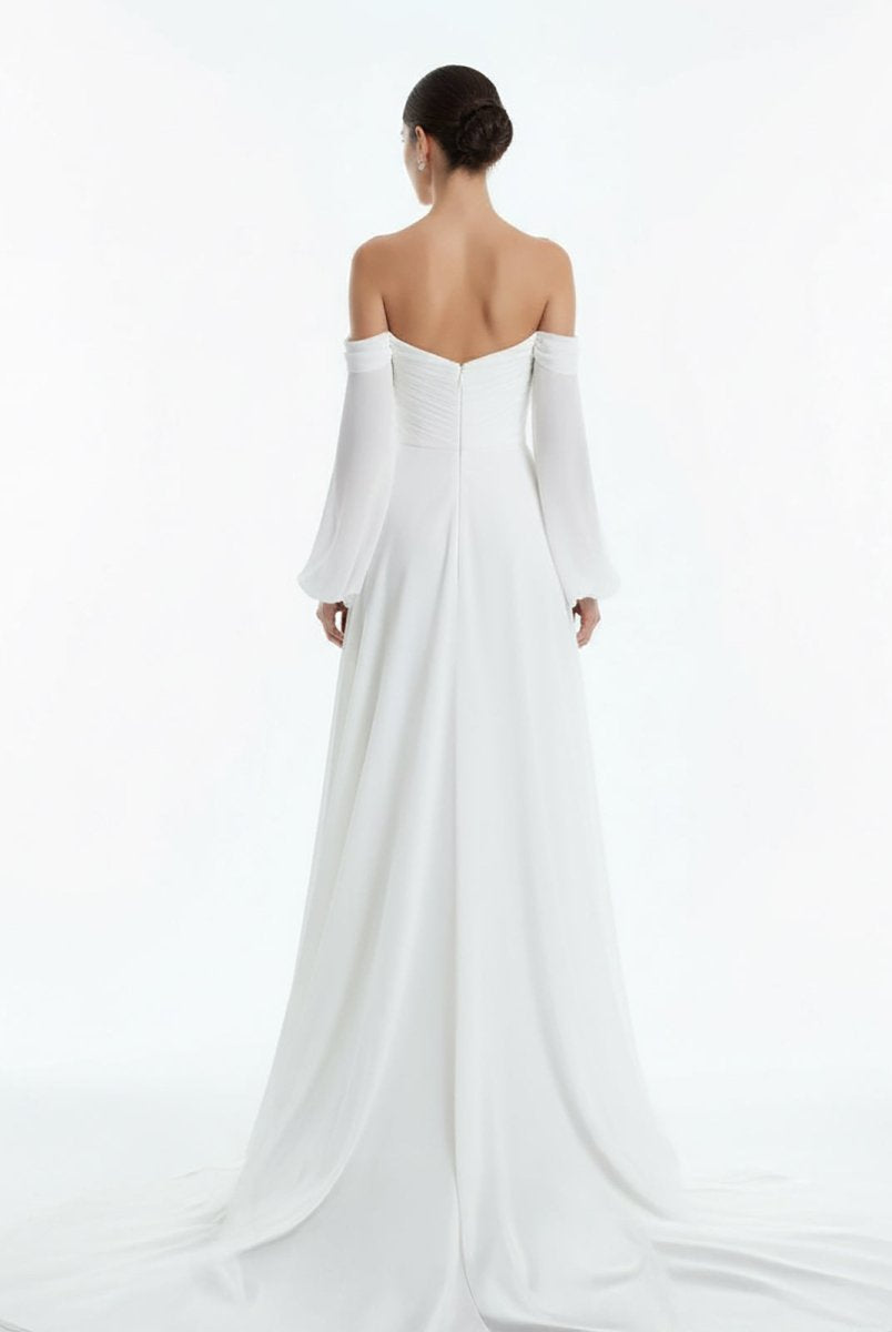 Aisling | A - Line Sweetheart Long Sleeves Chiffon Sweep Train Wedding Dress - KissProm